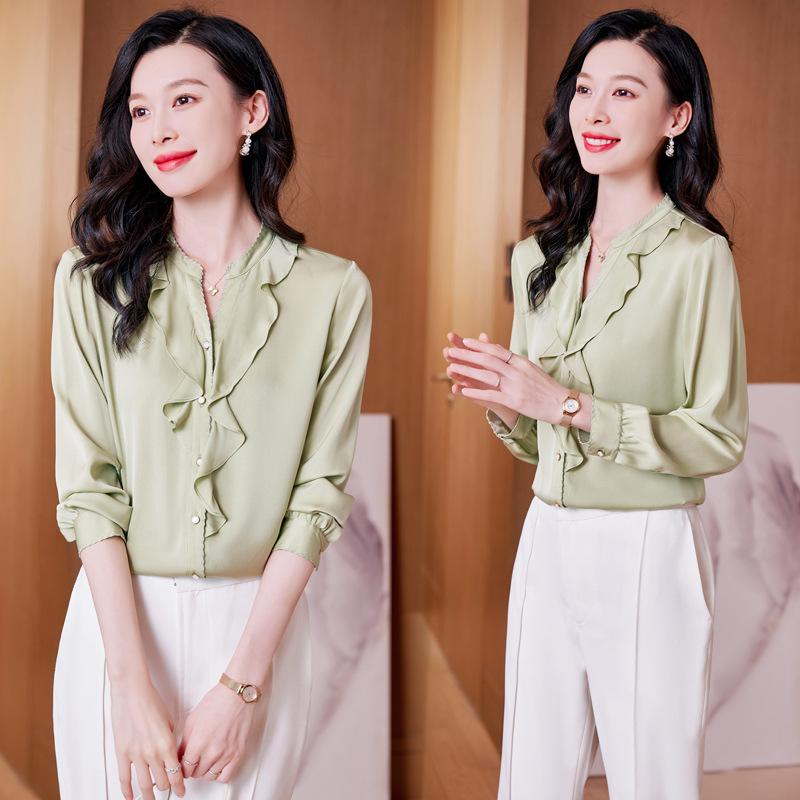 Spring elegant solid color silk fashionable shirt