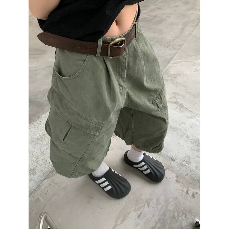 Muzi Yang American-Style Washed Vintage Workwear Cropped Pants for Men and Women, Summer Original Multi-Pocket Retro Shorts, Trendy