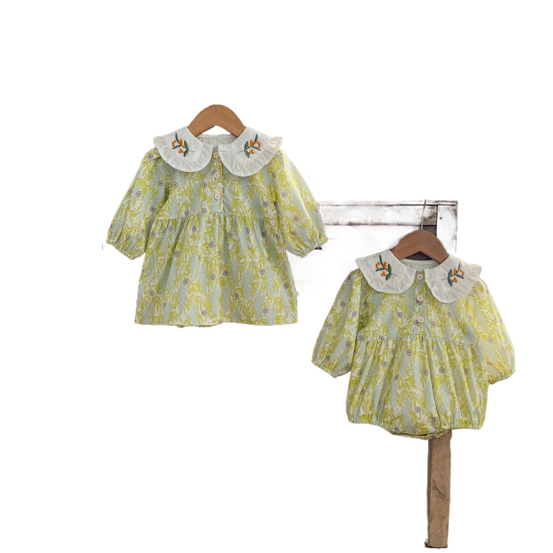 Ins niñas coreanas bebés algodón hermanas cuello de muñeca bordado vestido casual para niños pequeños