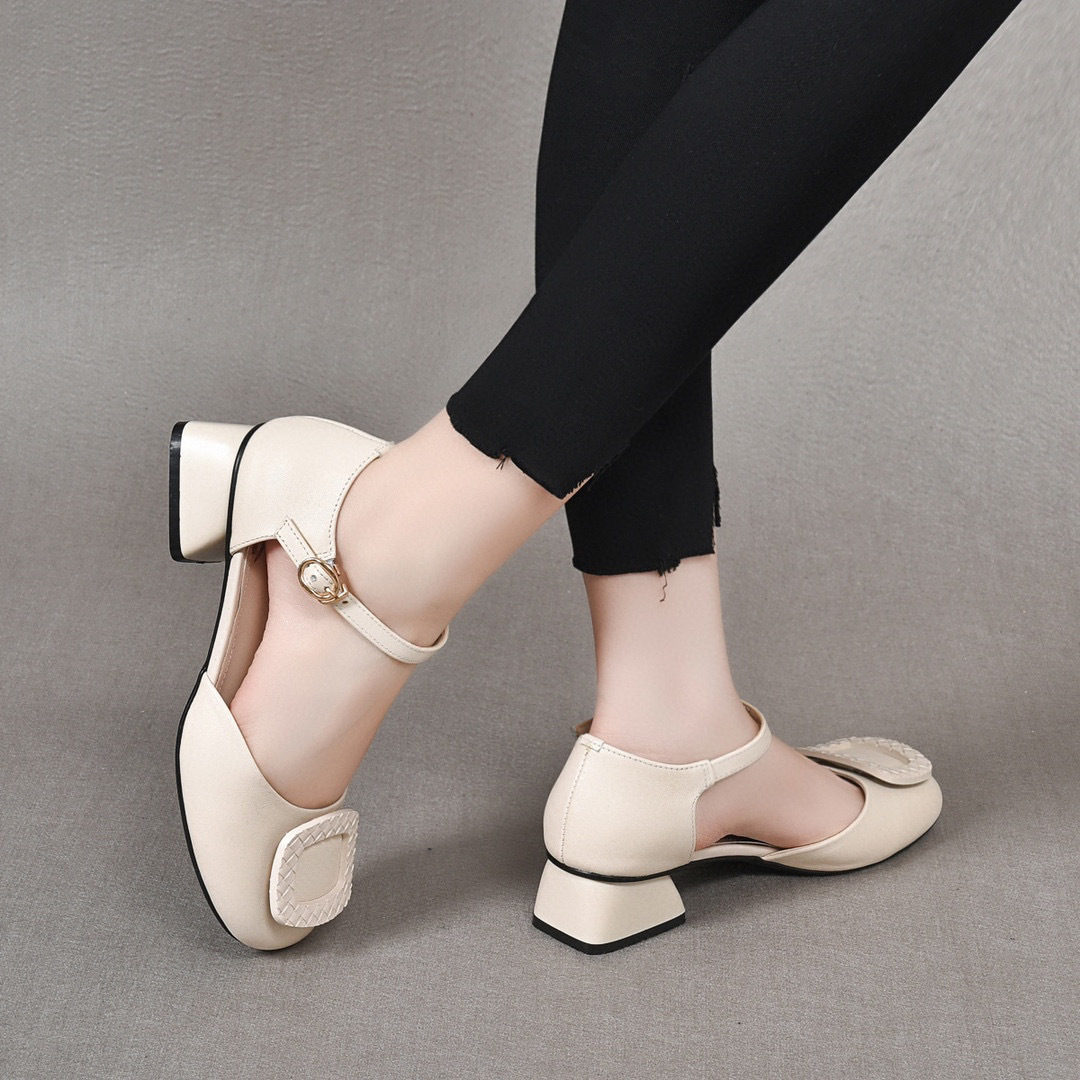 Dép sandal nữ da thật mũi kín gót vuông thấp quai đơn — Màu đen chi tiết 6