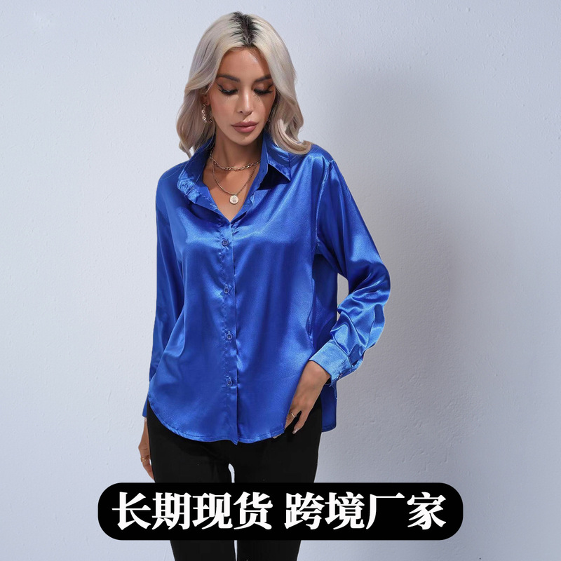 Foreign Trade Amazon Women's Satin Shirt 2025 Spring and Autumn Long-Sleeved Solid Color Elegant Button-Front Collared Shirt