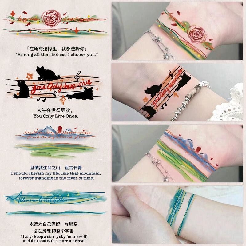 Upper Spring Mountain Arm Ring Rose English Niche Color Tattoo Sticker Waterproof Long-lasting Trendy New Student Cool INS