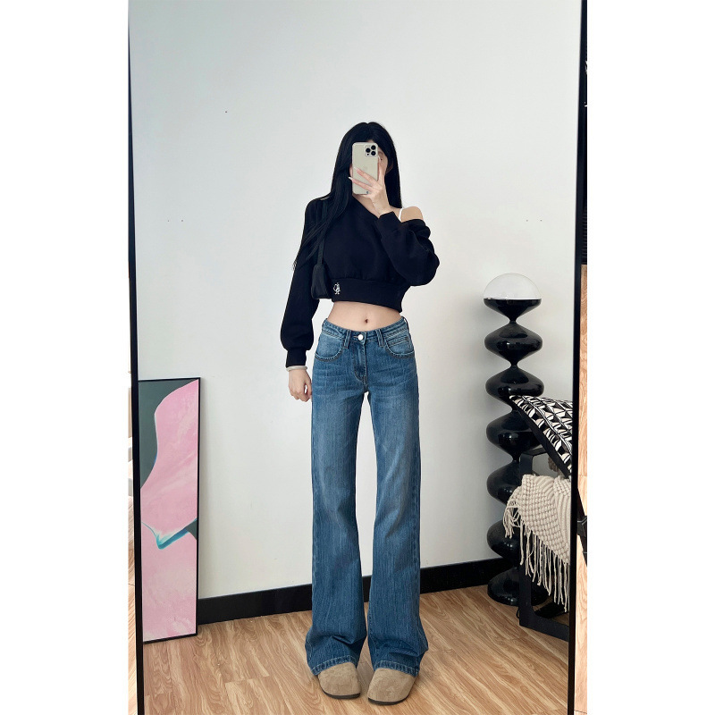 Original Popchee｜Super Retro Blue Cow｜Heavy Bamboo Pattern Low-Waist Wide-Leg Jeans with Good Fit~
