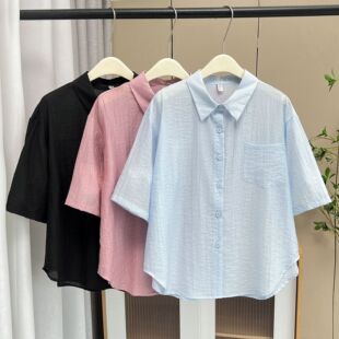 200kg chubby girl plus size women's summer new casual light loose short sleeve shirt Joker solid color shirt 4410