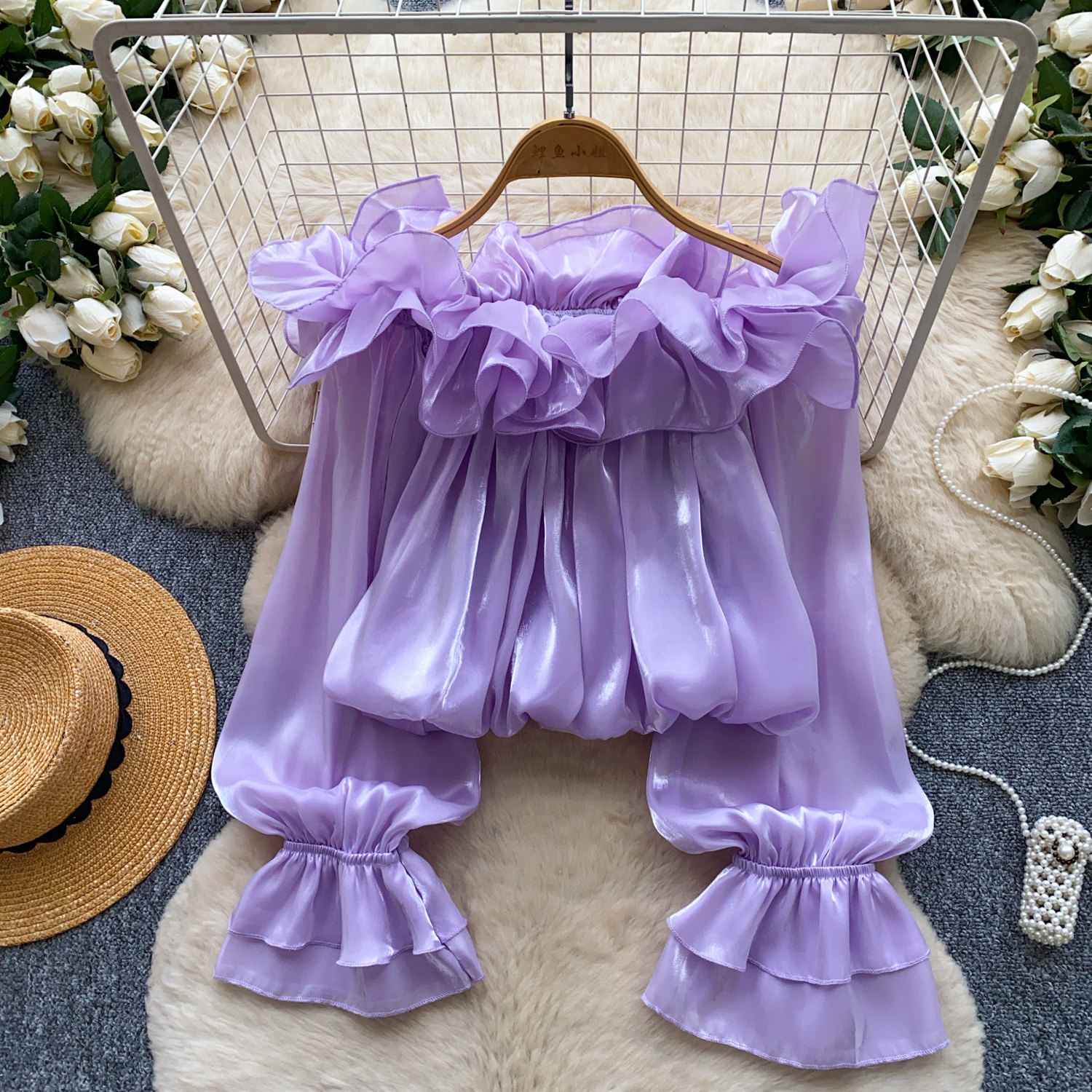 Sweet Off-Shoulder Chiffon Blouse Ruffled Trim Korean Style Long Sleeves Loose Fit Slimming Pink Elegant Top for Summer Women's Clothing_ecoleips.com