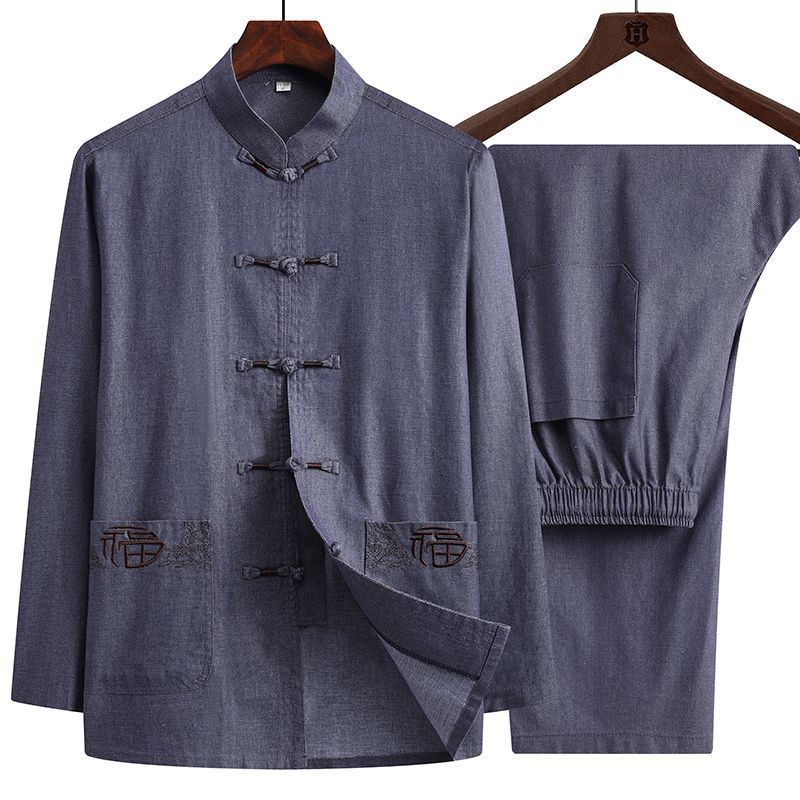 亚麻套装春秋季中老年男装唐装50-60岁民族爸爸老人服装
