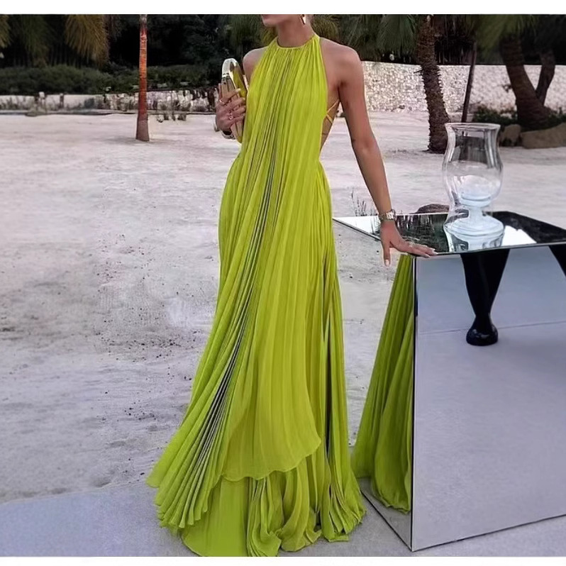 European and American Women's New Amazon Cross-border Women's Solid Color Round Neck Sleeveless Sexy Backless Beach Long Dress Women's 8099
