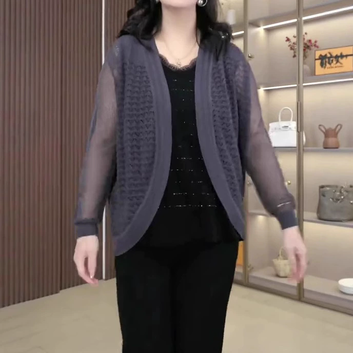 Летняя новая мода жаккардовая тонкая вязаная солнцезащитная верхняя шаль, свитер, куртка, свободная и универсальная женская одежда большого размера