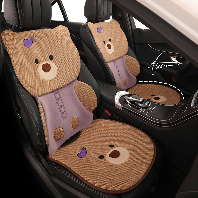 Summer Car Seat Cushion Linen Four-Season Breathable Seat Cover Eggplant Bear Cartoon Girl Seat Cushion