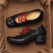 复古褶皱方头单鞋2025新交叉绑带高跟芭蕾舞鞋猪鼻子粗跟玛丽珍鞋