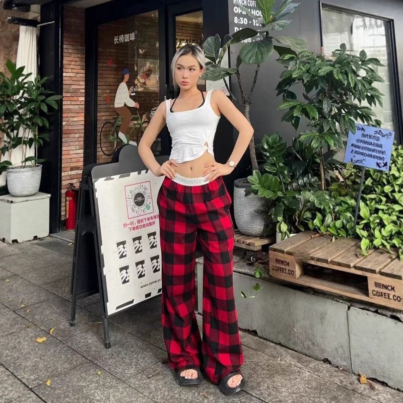 Trendy Hollister Little Seagull Red and Black Plaid Drawstring Casual Pants Letter Tape Loose Casual Long Pajama Pants