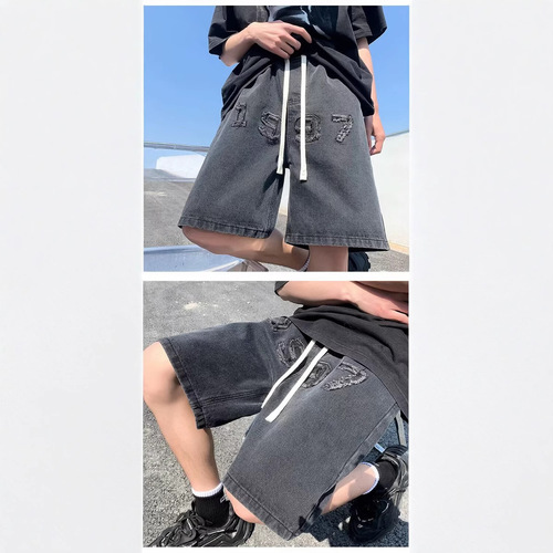 Men's denim shorts, thin, summer, American style, 5-inch high street fashion brand, loose, washed, retro 5-inch pants
