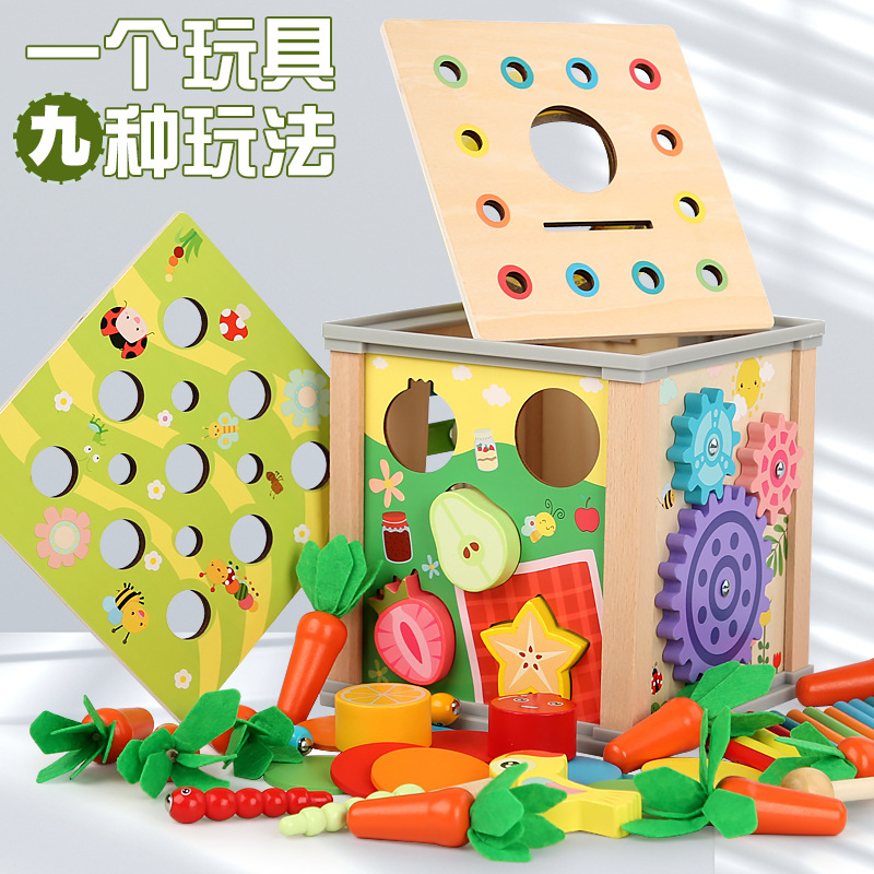 Caja de tesoro multifuncional nueve en uno de madera para niños de CPC CE transfronterizo que toca el piano y tira de bloques de construcción a juego de frutas de rábano
