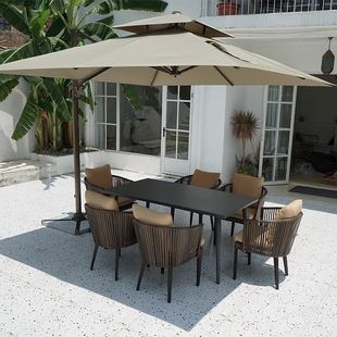 Outdoor Table and Chair Combination High-End Outdoor Courtyard Open-Air Balcony Leisure Garden Rattan Villa Plastic Wood with Umbrella