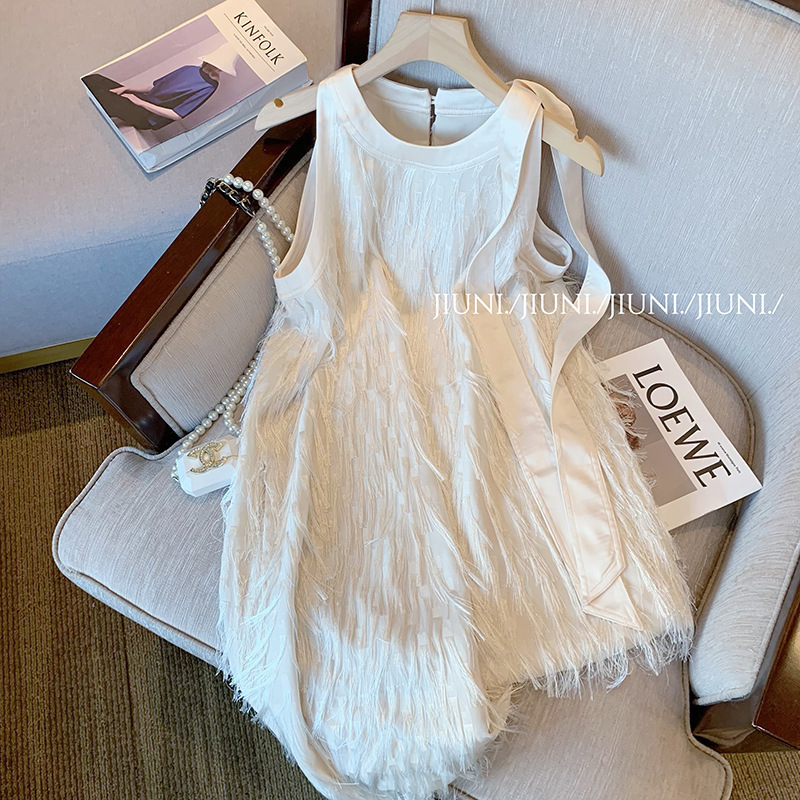 French White Tassel Halterneck Sleeveless Dress for Women 2025 Summer New High-End Elegant Lady Suspender Skirt