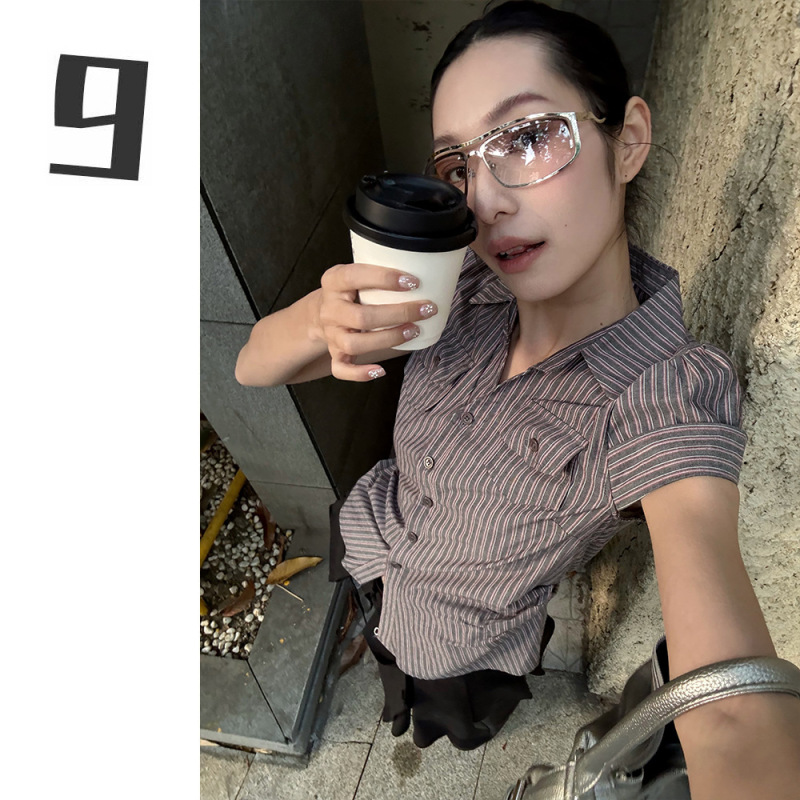 [9Hour] High-End Striped V-Neck Shirt for Women 2026 Spring/Summer Regular Shoulder Design Waist-Cinching Top for Women M3978