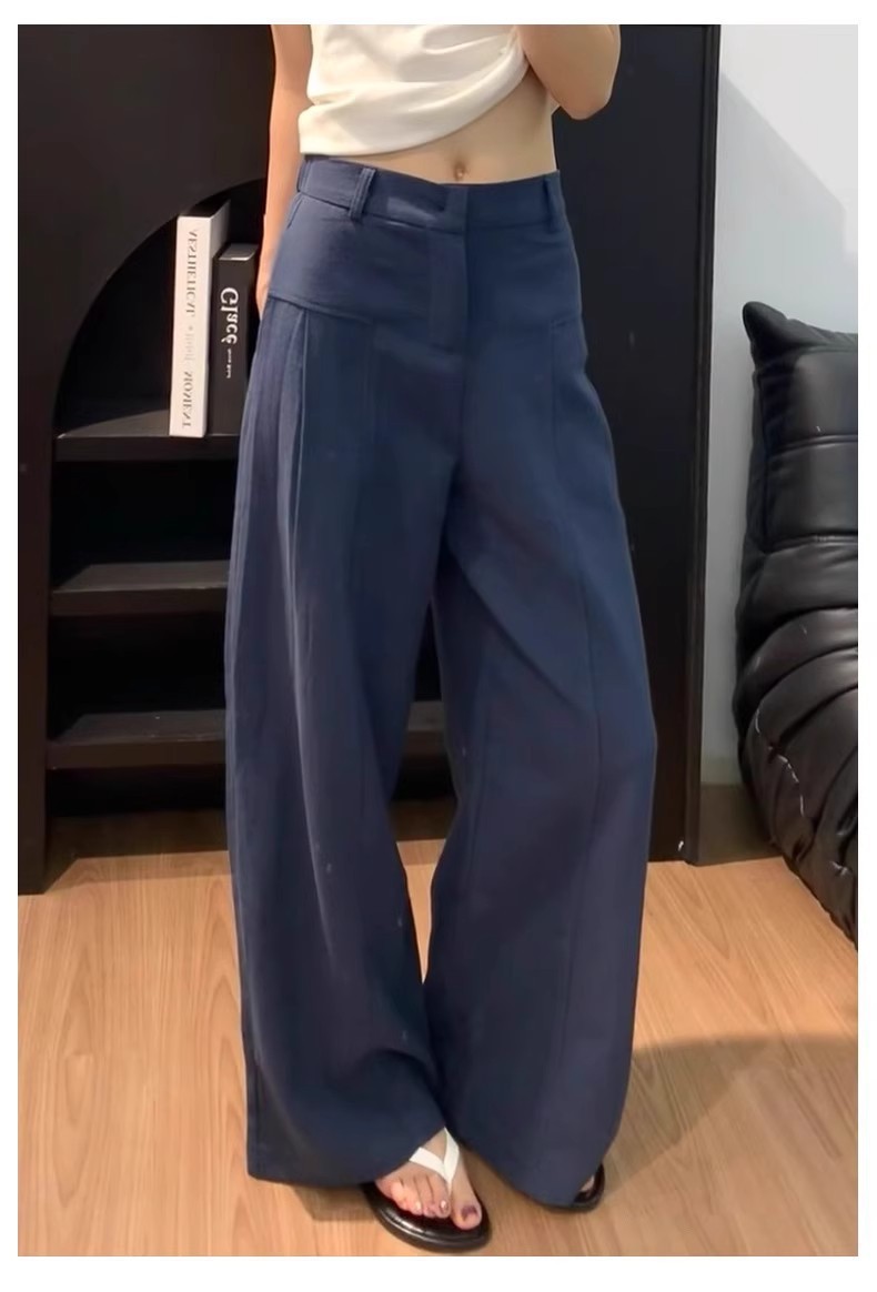 Quần culottes nữ ống rộng cạp cao vải linen phối tơ — Xanh sẫm chi tiết 16