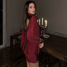 欧美风2025秋冬新款女装气质性感露背高领纯色修身包臀长袖连衣裙