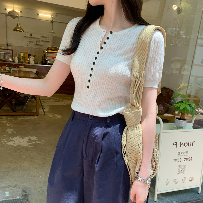 Round Neck Half Placket Button Short-Sleeved Wool Knitwear T-Shirt for Women 2025 Summer New Slim Fit and Stylish Top