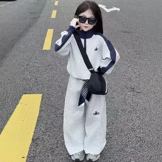 女童美式复古慵懒风潮酷中大童拼色立领半拉链卫衣休闲裤运动套装