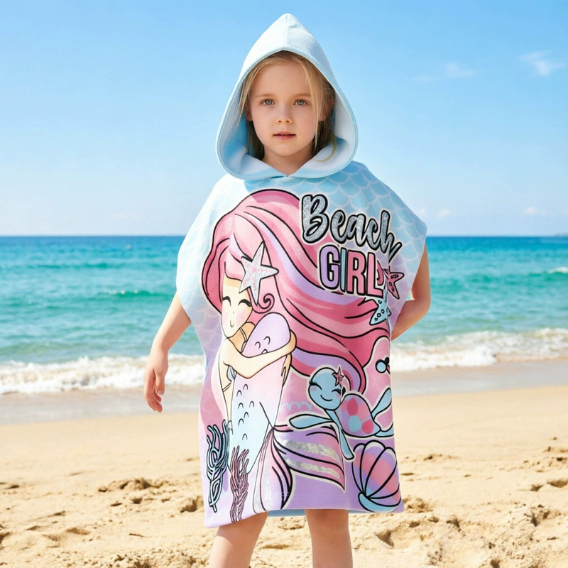 Children's Bath Towel Poncho, Wearable Hooded Bath Towel, Beach Towel, Reactive Printing, High-Quality Microfiber Polyester Fabric