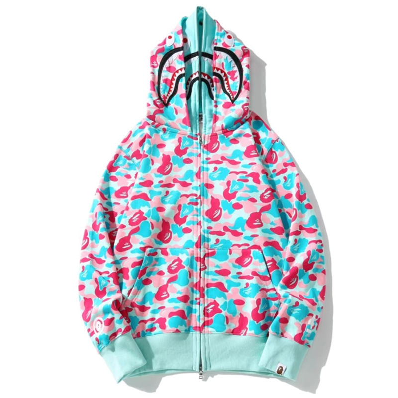 Cross-Border Trendy Brand Pure Cotton Ape Head Bape Shark Camouflage Zipper Cardigan Embroidered Double Hood Sweatshirt Hoodie Jacket