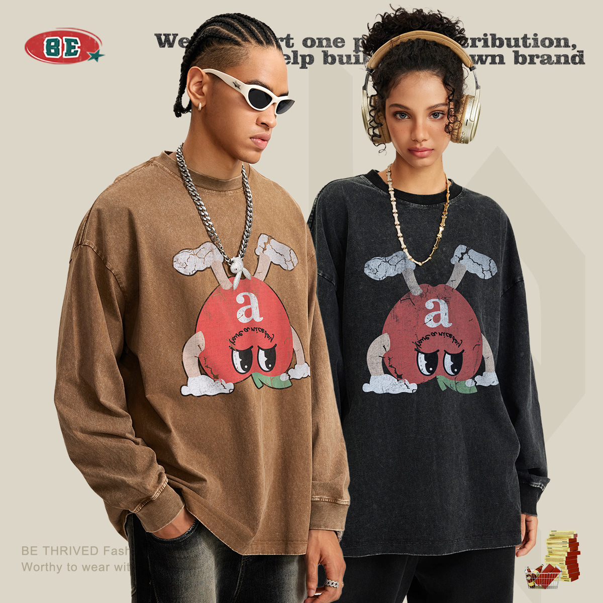 BE ropa de hombre | Camiseta Retro de Manga Larga para Hombre, Estilo Americano, Lavada, Estampada, con Diseño de Frijol M Invertido, de Algodón Puro, Desgastada, Primavera-Otoño 2025