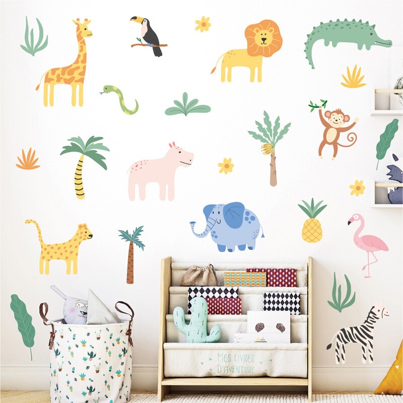 Cross-Border Stickers for Kindergarten Decoration, Children's Room Forest Animal Wall Stickers, Colorful Cartoon Jungle Animal Wall Graffiti for Bedroom