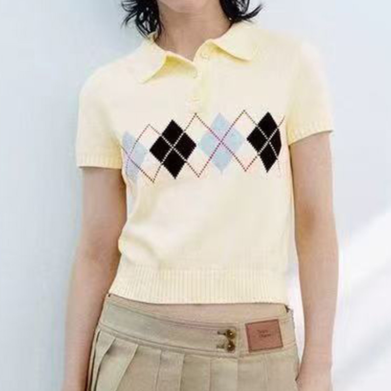 法式休闲学院风菱格polo短袖针织上衣女装毛织衫外贸跨境工厂批发|undefined