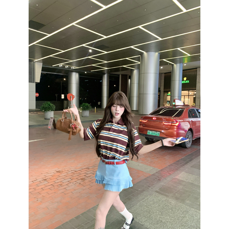 2025 Stripesd Polo Collar Short-Sleeved T-Shirt + Sexy Style Pleated Ruffled A-Line Anti-Exposure Pleated Skirt
