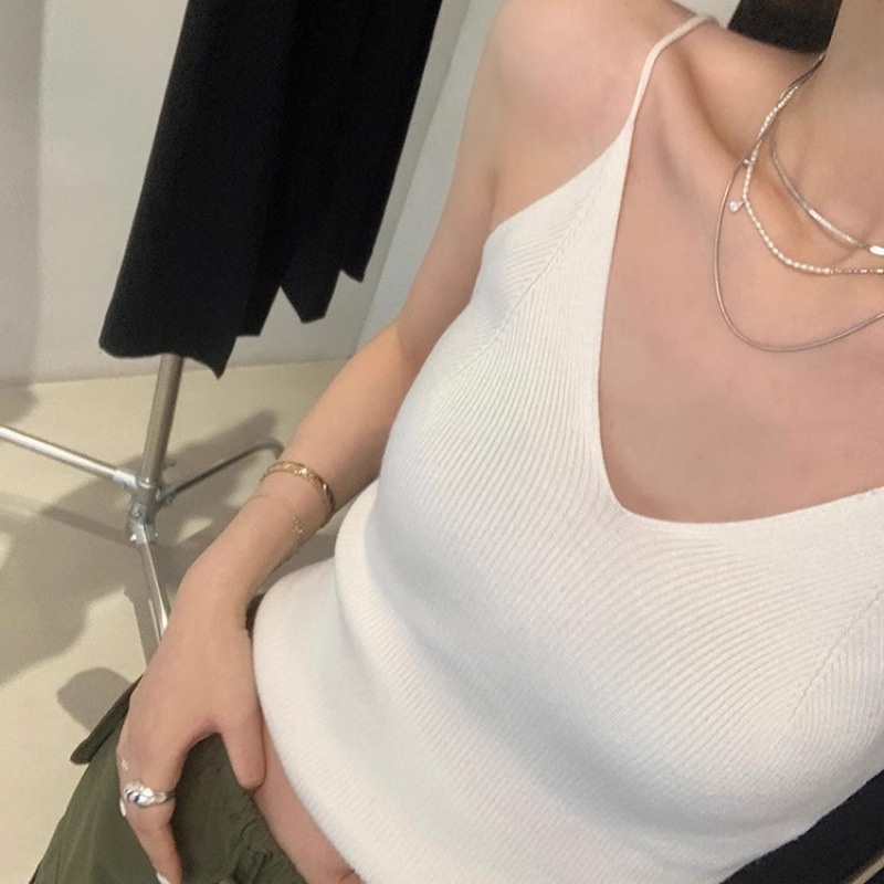 White 2025 New V Neck Knitted Camisole Women's Inner Wear Summer Versatile Short Sleeveless Bottoming Top