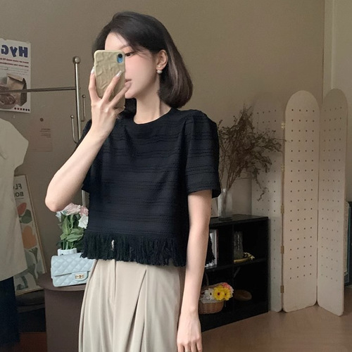 Summer Korean Style Fashion Texture Knit Solid Color Fringe Edge Short Sleeve Top for Women