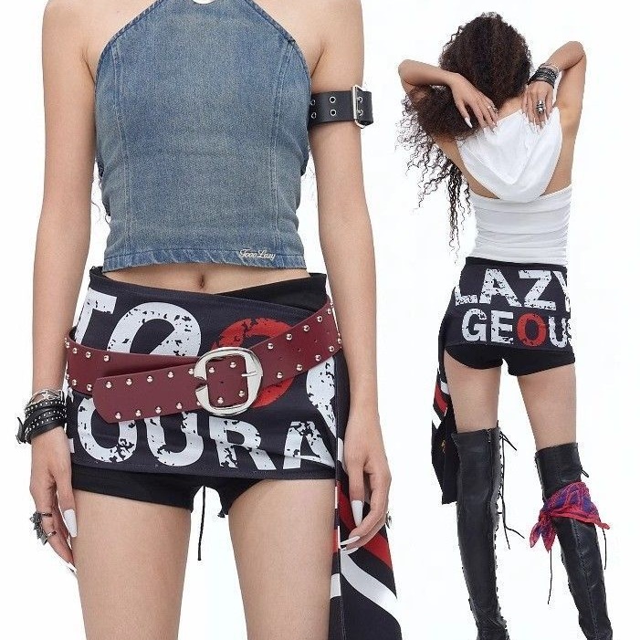 워싱 디자인 리본 미드 웨이스트 홀터넥 아메리칸 스타일 백리스 슬링 스포츠 레트로 스커트 투피스 쇼트 프린트 데님