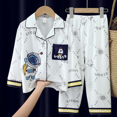 Children's pajamas spring and autumn long-sleeved boys' pajamas cartoon cute cardigan boys' summer home clothes set