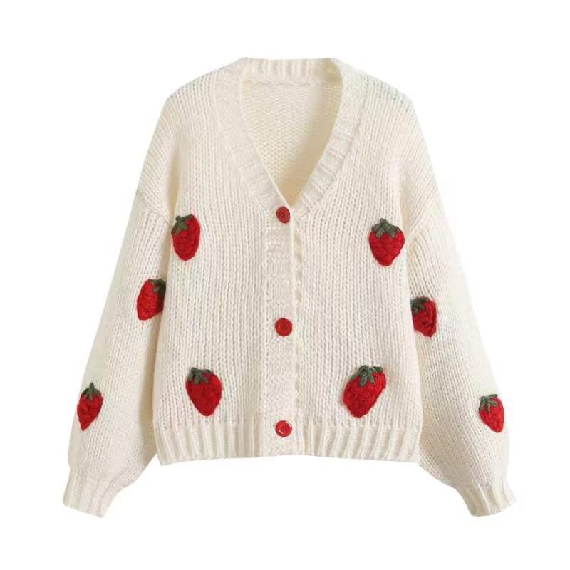 Korean V Neck Stereo Strawberry Short Sweater for Women in Autumn and Winter New Loose Slimming Look Sweet and Gentle Knitted Cardigan for Women