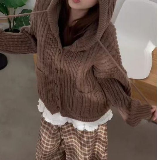 77lin美式复古麻花连帽毛衣开衫女5秋冬慵懒风针织衣外套ins|undefined