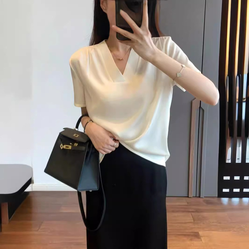 Thewow Imported Acetic Acid Draped, Not Easy to Wrinkle, Intellectual and Elegant Work Clothing V Neck Pleated Short-Sleeved Top Shirt for Summer Women