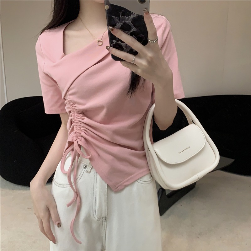 女性用斜め襟右肩半袖Tシャツ、夏用巾着、不規則なデザイン、甘辛スリムフィットアウターTシャツ、シックなトップス|undefined