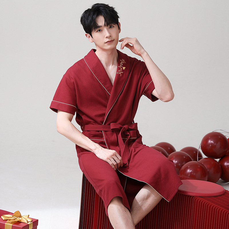 2025 Mid-Length Nightgown for Men Summer Short-Sleeved Sexy Luxury Red Animal Year Home Wear Men's Pure Cotton