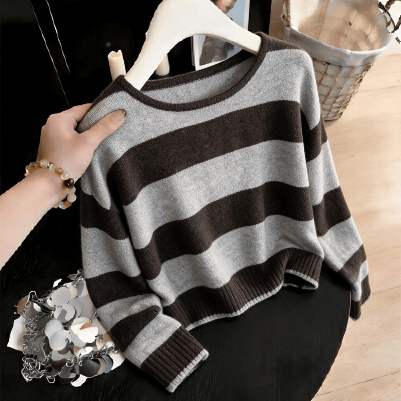 Real photos! Real photos! 2026 Autumn/Winter soft and high-quality color-blocked, relaxed-fit striped knit sweater for women
