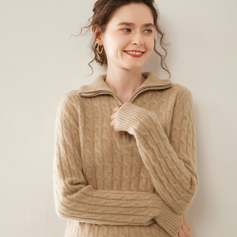 Cashmere Women's Knitted Base Shirt Full-body Strung Simple All-match Half-zipper Lapel Loose Inner Soft Waxy Skin-friendly