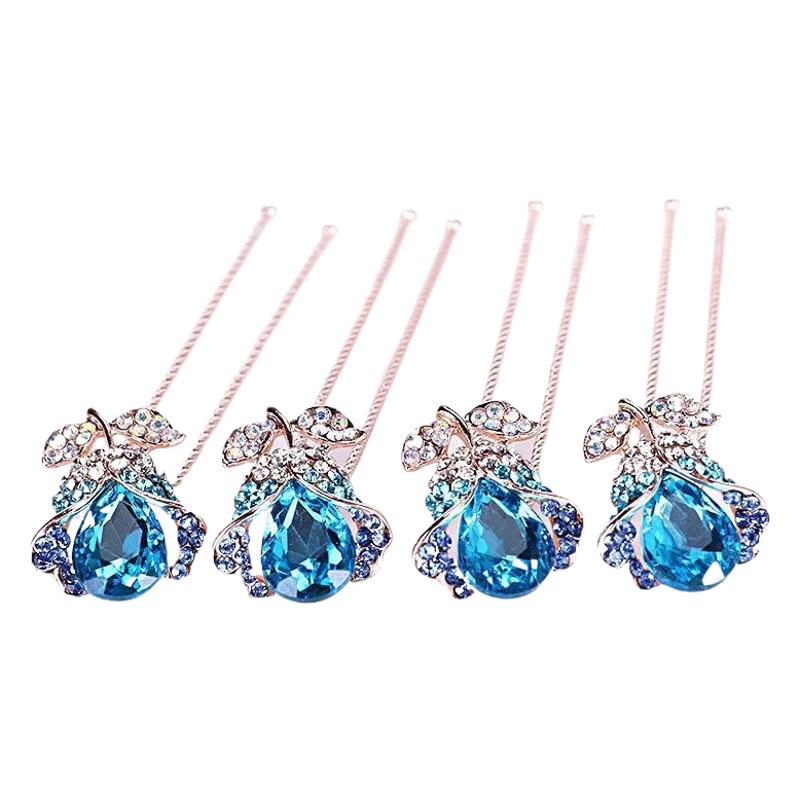 Korean-style rhinestone daily pin hair fork U-shaped clip catwalk all-match hair hair rose flower hair clip head accessories hairpin