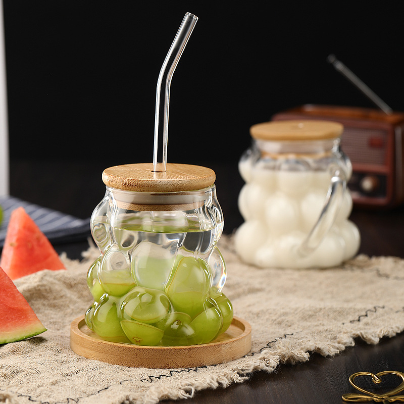 葡萄杯帶把手早餐拿鐵咖啡杯子伴手禮馬克杯帶蓋玻璃杯ins風