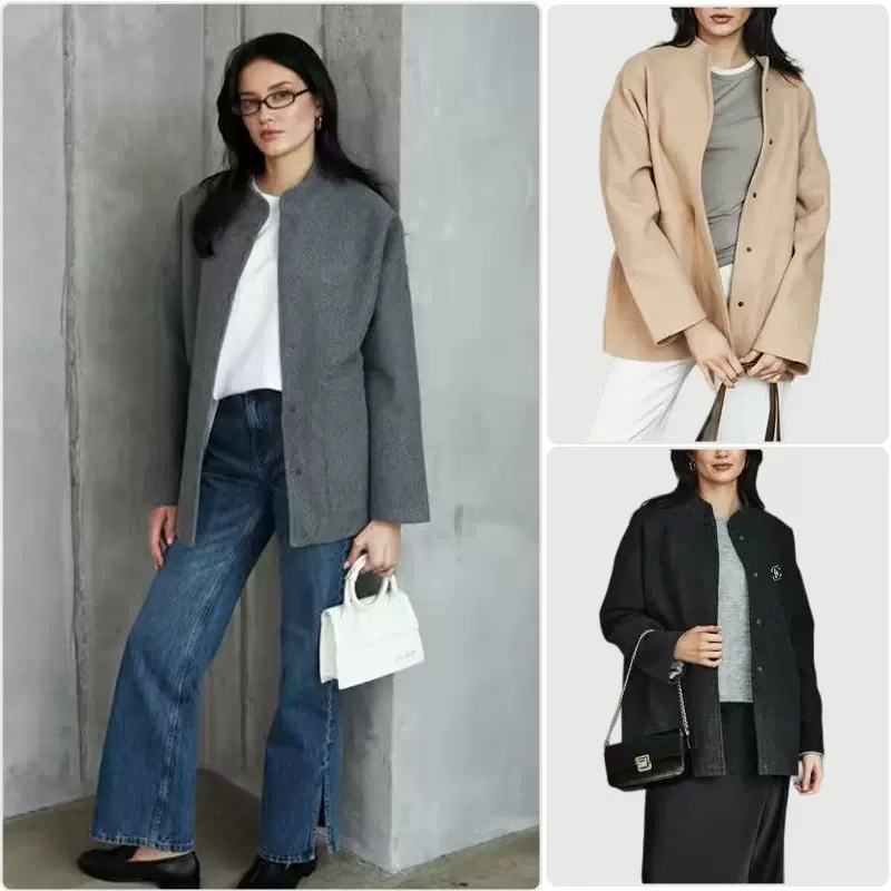 2025跨境欧美新款女装休闲纯色立领单排扣大口袋宽松舒适毛呢外套