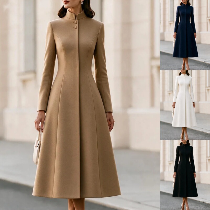 2026 Autumn/Winter French-style stand-collar single-breasted trench coat dress, fitted waist, A-line silhouette, elegant women's wear