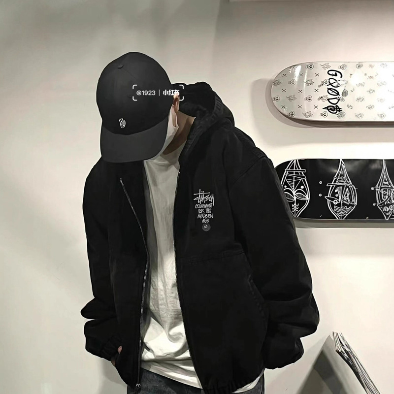 High Version Stu Black 8 Billiards Washed Distressed Embroidered Zipper Hooded Cotton Jacket Loose Casual Jacket Trendy
