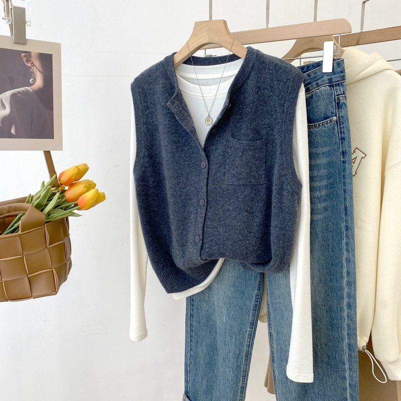 24 осенние и зимние новинки 26 шерстяных шерстяных корейских круглых воротничков маленький карман дизайн жилет женский без рукавов Z803