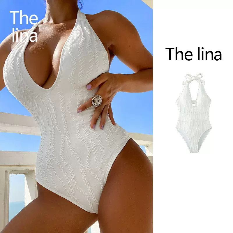 2025新款速卖通纯色挂脖连体泳衣 欧美性感V领女士沙滩泳装bikini