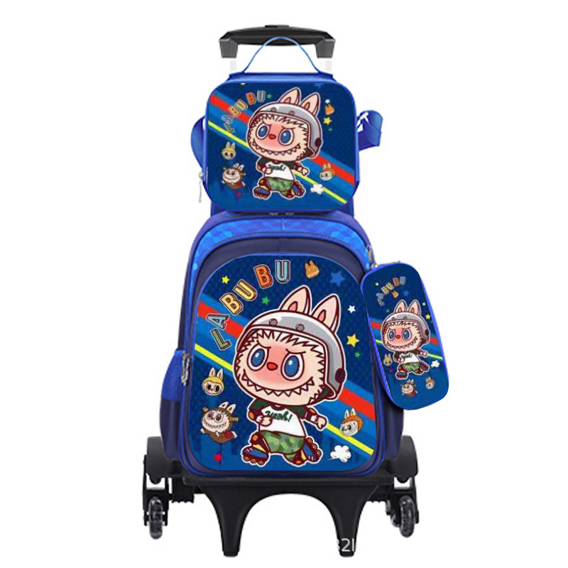 Suministro directo de fábrica, mochila escolar con barra de ruedas para niños, juego de tres piezas, protección de la columna para estudiantes de primaria, reducción de carga, mochila universal de dos ruedas y seis ruedas