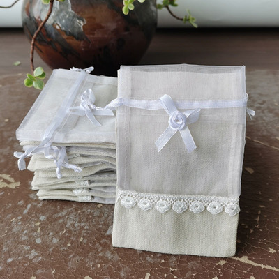 棉麻花边蝴蝶结拼接束口袋 礼品收纳 抽绳收纳饰品袋子